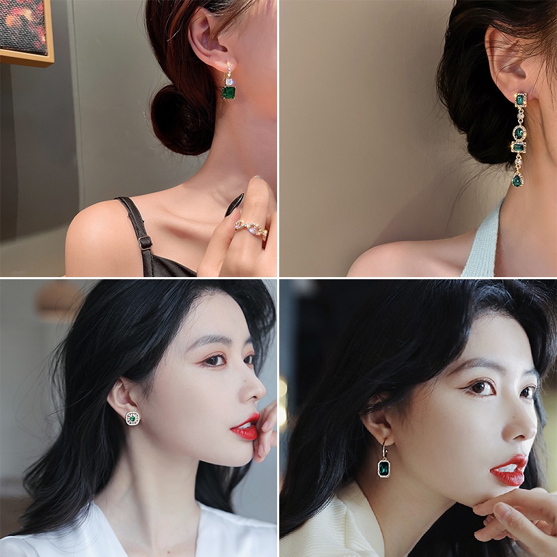 Korea Fashion Zamrud Geometris Persegi Droplet Ear Hook Bunga Kristal Panjang Rumbai Wanita Anting Perhiasan Pesta Pernikahan