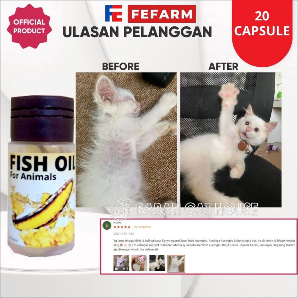 Vitamin Kucing Gemuk Bulu Lebat Minyak Ikan Suplemen Nafsu Makan 20 Butir FEFARM