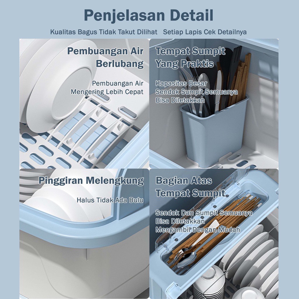 Aido Rak Pengering Air Mangkok rak piring plastik Dengan Tutup Rak Piring JUMBO /Mangkok/Sendok/Garpu Rak Dapur tempat piring dengan tutup higenis
