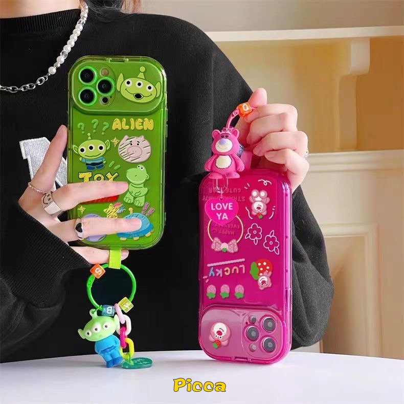 IPHONE Flip Make Up Cermin Disney Toy Story Losto Alien Case Kompatibel Untuk Iphone11 14 12 13 Pro MAX 7 8 14 Plus XR X XS MAX SE 2020 Beruang Strawberry Lucu Dengan Ornamen Boneka 3D Soft Case