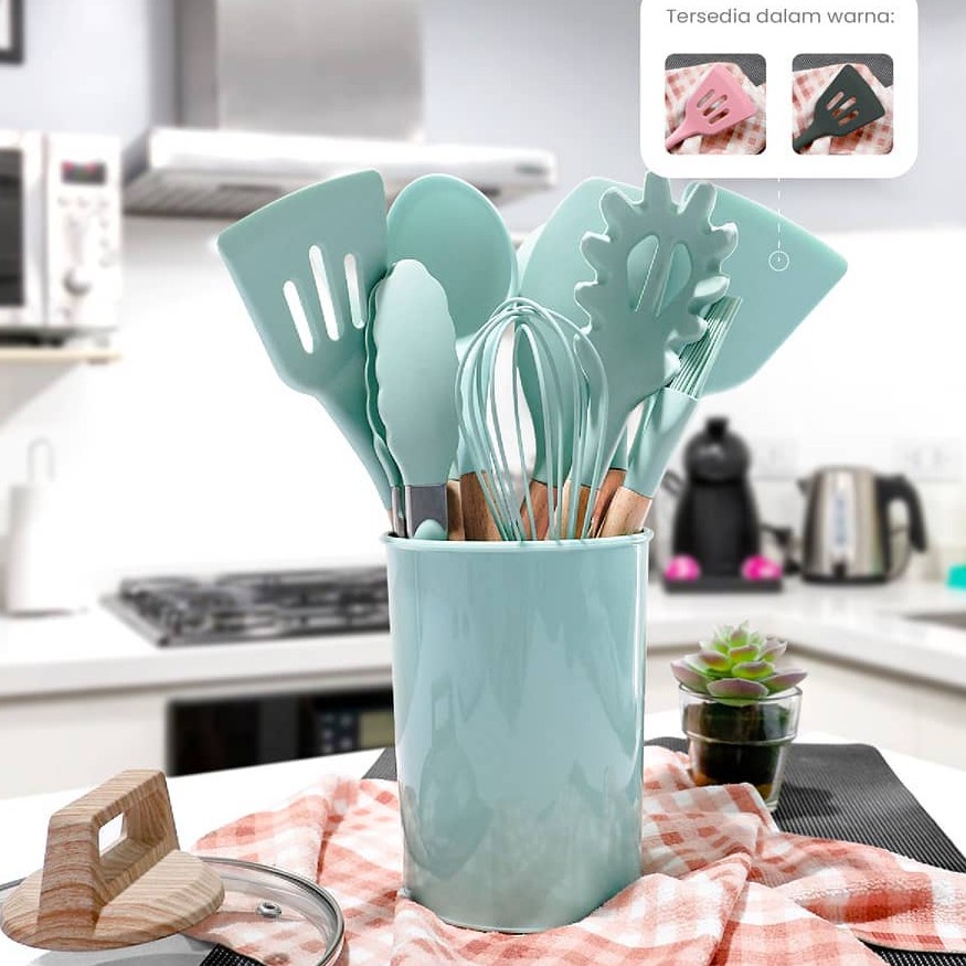 PRODUK BARU CJ-1 Sutil Silicone Set 12IN1 Kitchen Utensil Set Sodet Spatula Silikon Tahan Panas Gagang Kayu