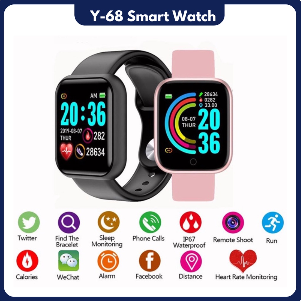 Smartwatch wanita Y68 Smart watch Y68 Waterproof smartwatch Bluetooth Fitness Tracker Musik Watch y68 Smartband Y68 Smart band