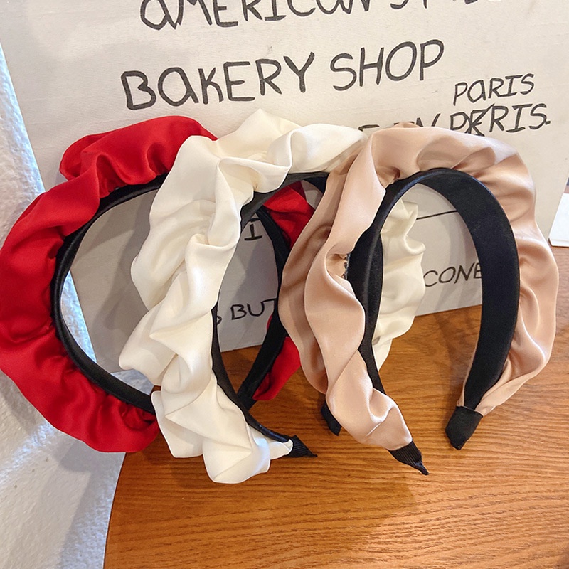 Bando Scrunchie Wanita Korea Motif Polos Bandana Kerut Ruffle Silk Satin Aksesoris AK264