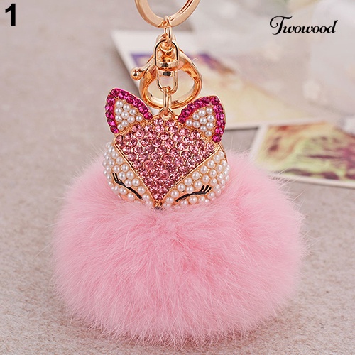 Twowood Hadiah Lucu Bling Berlian Imitasi Rubah Kelinci Fluffy Ball Gantungan Kunci Mobil Key Ring Pendant