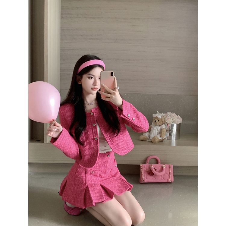 ∈℗Suhao high-end rasa wewangian kecil gaya wanita temperamen jaket mantel wanita musim gugur 2022 setelan baru rok lipit two-piece set