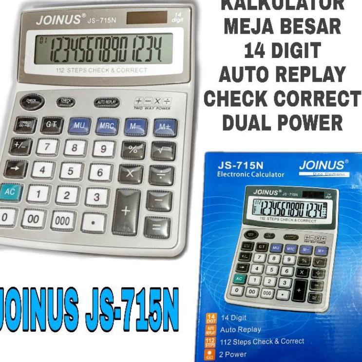 

Kekinian KALKULATOR MEJA DAGANG 14 DIGIT BESAR TOMBOL CRYSTAL CHECK CORRECT DUAL POWER JOINUS JS 715N ... ...