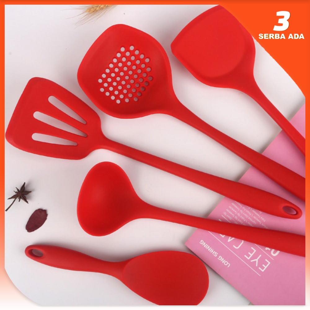 Spatula Set Silikon Tahan Panas Warna Merah / Alat Masak Set Anti Lengket / Spatula Sodet Sutil Kuas Sendok Nasi Centong Sayur Saringan kocokan Telur