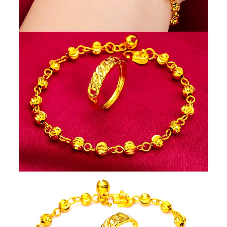 Goldkingdom Perhiasan Fashion Emas Asli Kadar 375 Bangkok Aksesoris Ready Stock Wanita Lapis Emas Semangka Manik Gelang Memutar Cincin Set