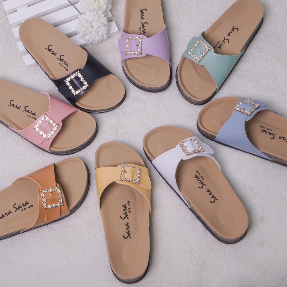 SARASARA YUK - TIMMY Sandal Wanita Slop Casual Size 36 - 41 Model Birken Sol Puyuh Sara Sara Sendal Cewek Kulit Santai Rumahan Strap Gesper 1 Kristal Blink Empuk 37 38 39 40 Warna Yellow Kuning Soft Selop Anti Slip Original Shoes ORI Mall Official Store