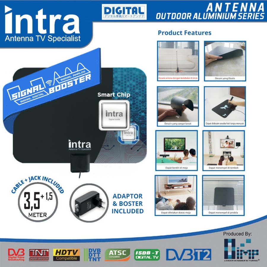 Antena Tv Dalam Intra INT-HD15 Digital Indoor Outdoor Bisa 2 Tv Sekaligus Kabel 5 Meter Original