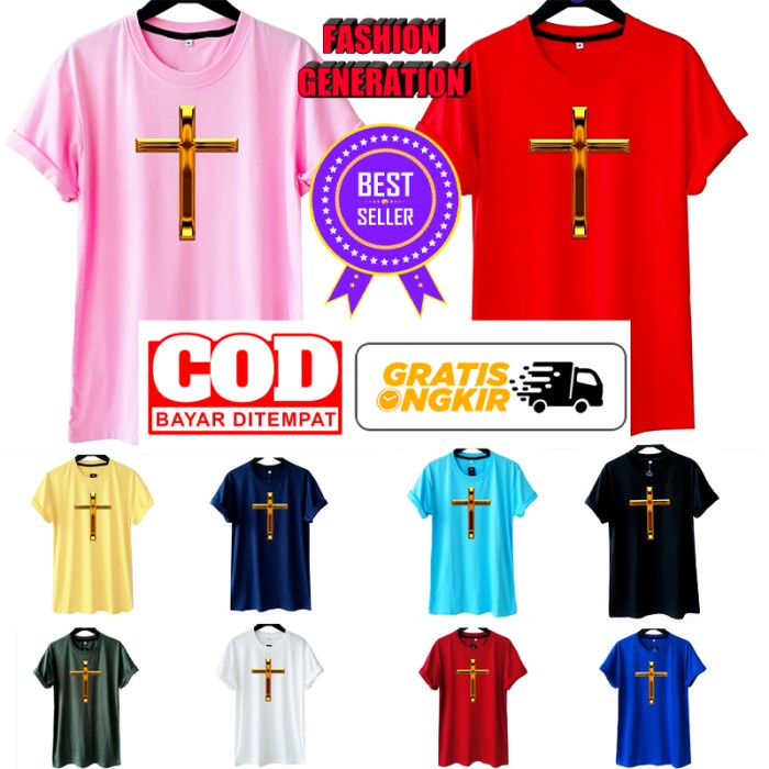 

Nemodorry Kaos Salib Gold Kristen Katolik Wanita Pria Cewek Cowok Size S M L Xl
