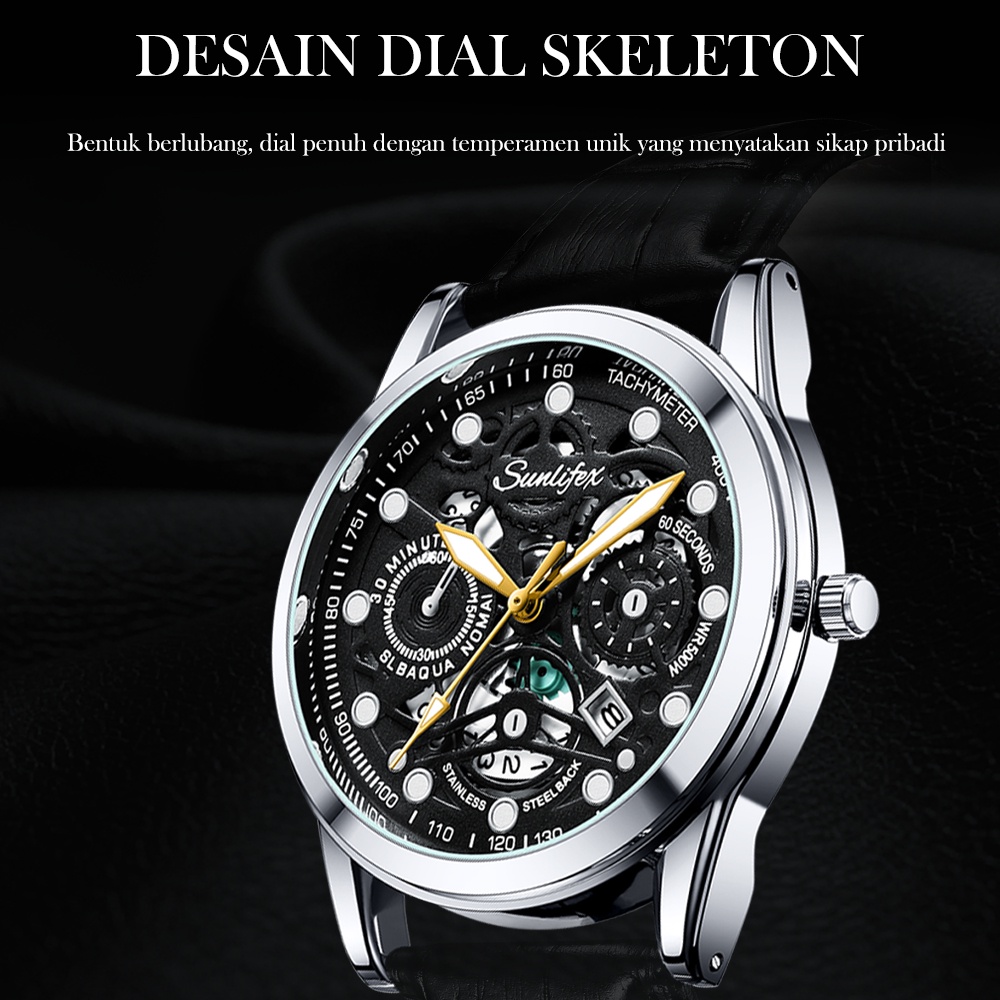 Sunlifex Jam Tangan Pria Dial Berongga Anti Air Kuarsa Tali Kulit Jam Pria Original Santai Mode Jam Tangan Cowok 7001-3