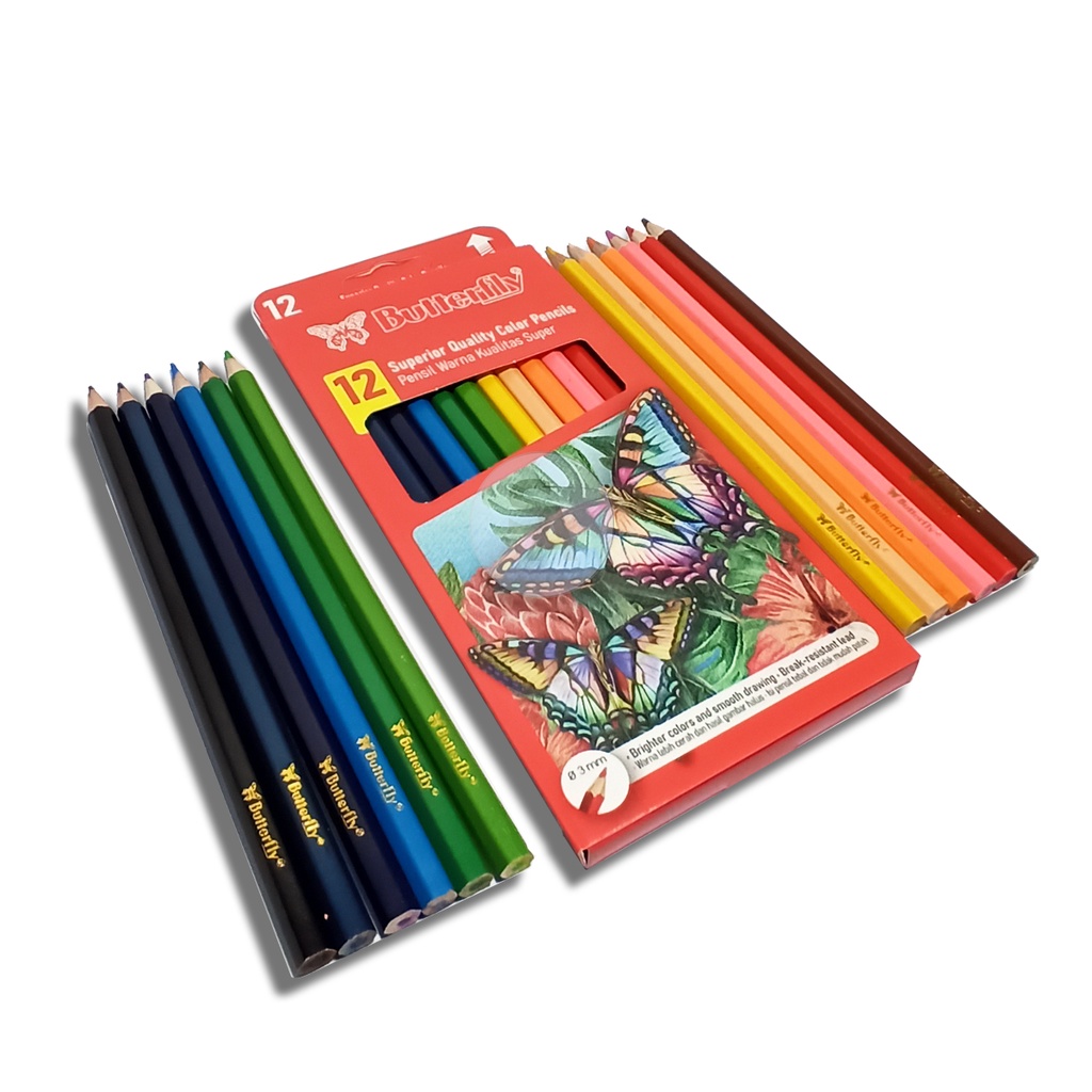 

BUTTERFLY - Pensil Warna Panjang 12 Warna - Isi Pensil Tebal Tidak Mudah Patah - Set