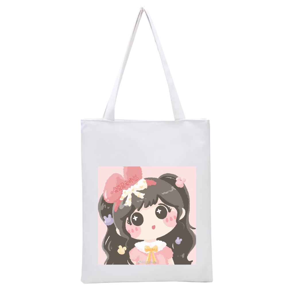 BISA CUSTOM SATUAN TOTEBAG RESLETING PRINTING MOTIF KAWAII GIRL anak lucu imut tas tote sekola kuliah viral || Kiiyoomii ||