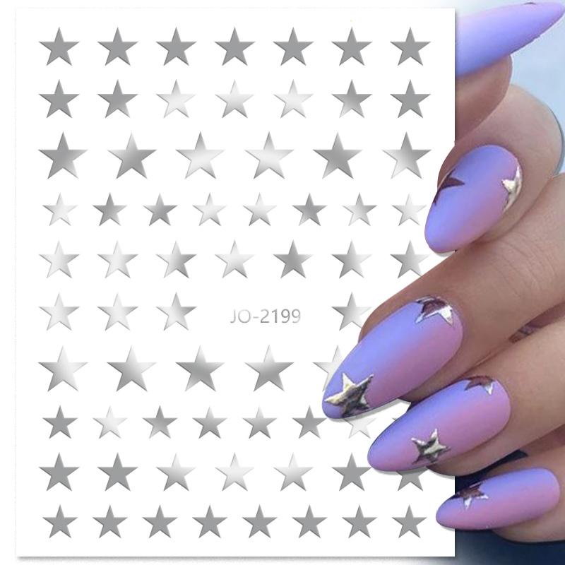 Stiker Kuku Holografik 3D Motif Bintang / Hati / Kupu-Kupu Warna Gold / Silver Untuk Dekorasi Nail Art DIY