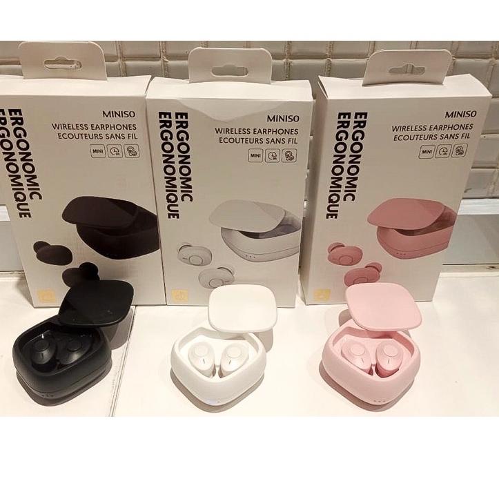 Tren Terbaru WIRELESS EARPHONES MINISO ERGONOMIC NEW ARRIVAL HEADSET TANPA KABEL 3warna PINK BLACK W