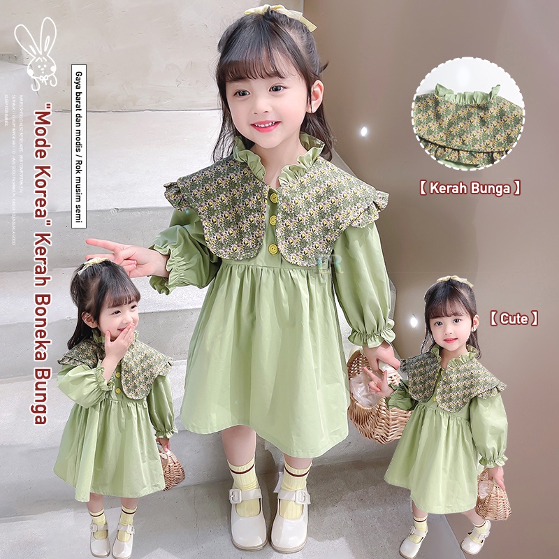 LNR Shop Floral Pattern Girls Dress Anak Perempuan Import Gaun Lengan Panjang Motif Bunga Tunik Atasan Kaos Kemeja Pinggang Kerut Ruffle Princess Rok Summer Gaya Korea