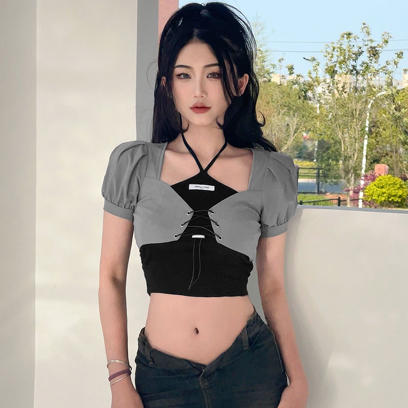 ▽✒✑Suhao 22 Musim Panas Baru Eropa dan Amerika Desain Manis dan Keren Gaya Rompi Kamisol Wanita Keren Gadis Slim T-shirt dua Potong Tren