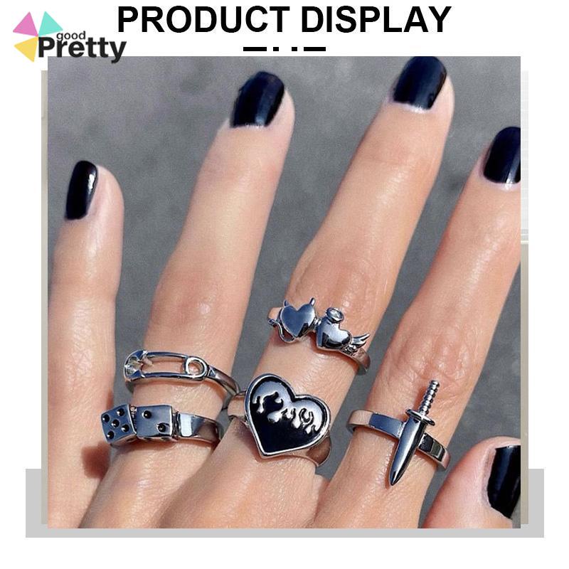 Domingo Ring Alloy peniti dadu love pedang retro silver cincin wanita fashion korea 5 set - PD