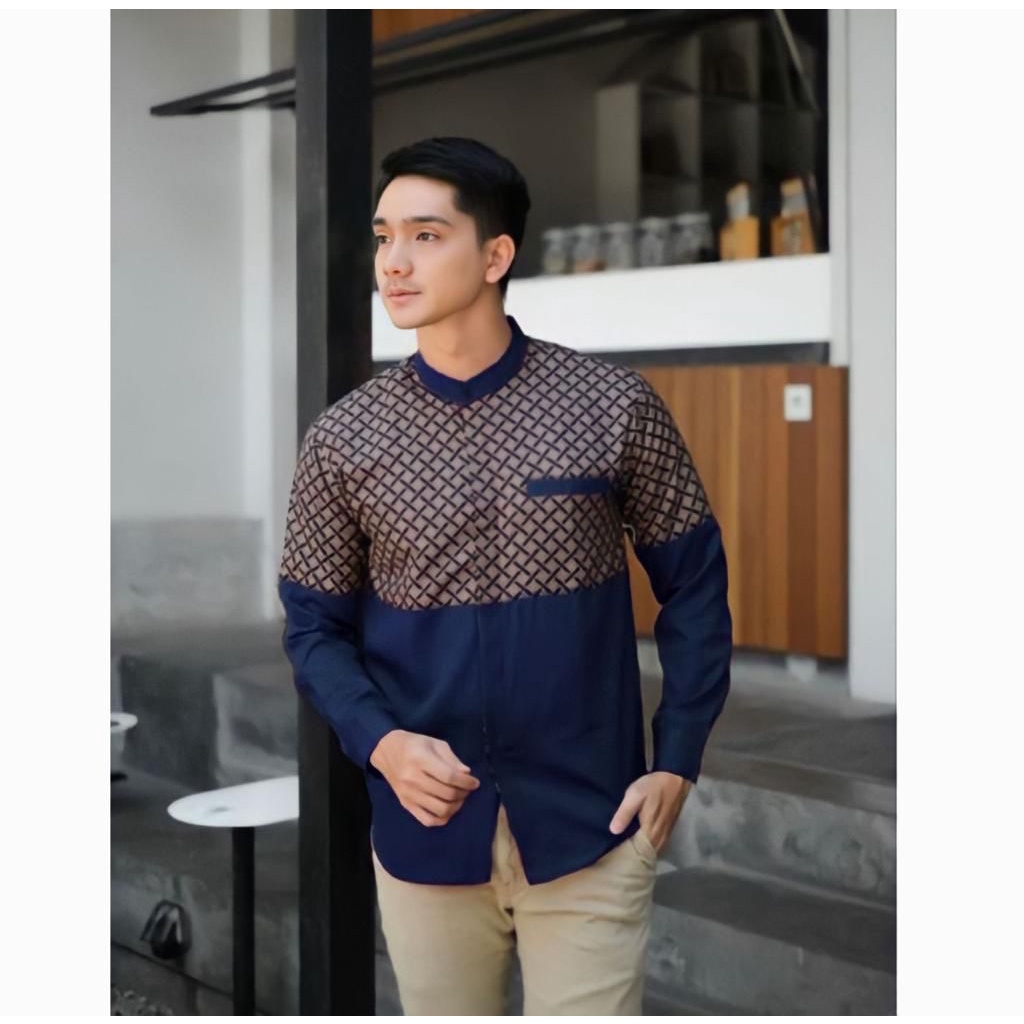 BAJU MUSLIM TERBARU BATIK KOMBINASI LENGAN PANJANG SAKU PASPOL