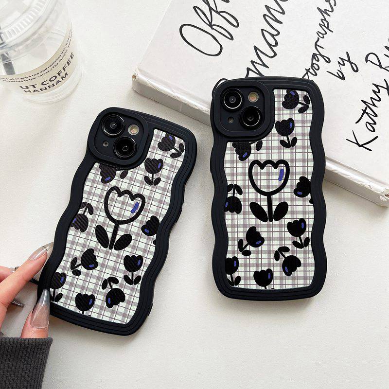 Houndstooth Flower Wave Soft Case iP iPhone 6 6S 7 8 14 + Plus SE 2020 X XR XS Max 11 12 13 Pro Max Black Casing Apple