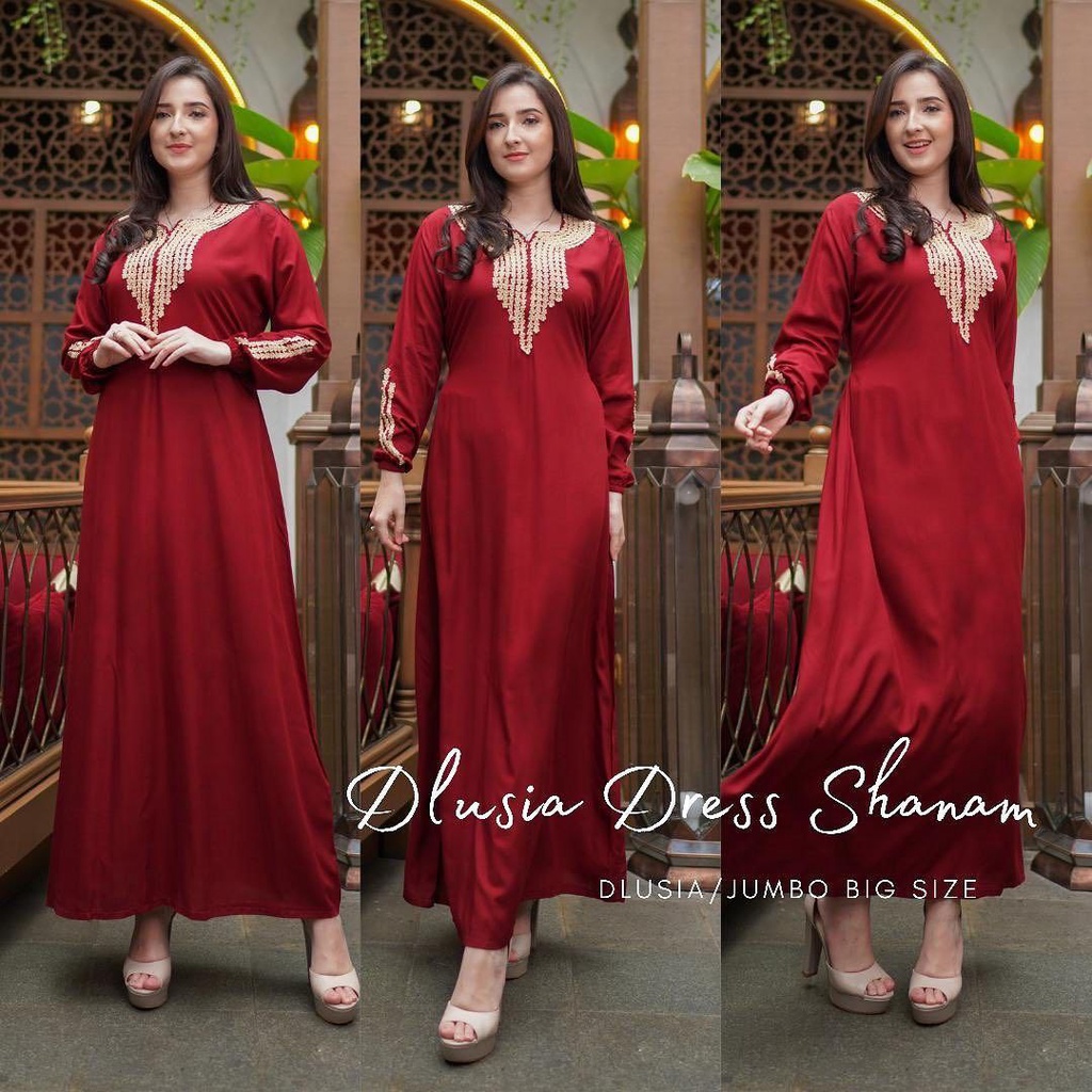 Dlusia Sanam Dress Wanita Renda Arab Rayon Premium Gamis Terbaru Baju Muslim Lace LD 110 cm