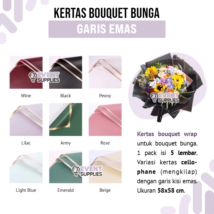 

[5 Lembar] Kertas BungaGold Line Buket Flower Wrapping Paper Cellophane Florist Anti Air