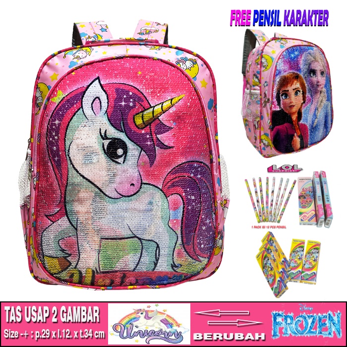 APPA Tas Ransel Anak Prempuan Sekolah  TK/SD Sequin Usap 2 Gambar Berubah Karakter  UNICORN - FROZEN Terbaru