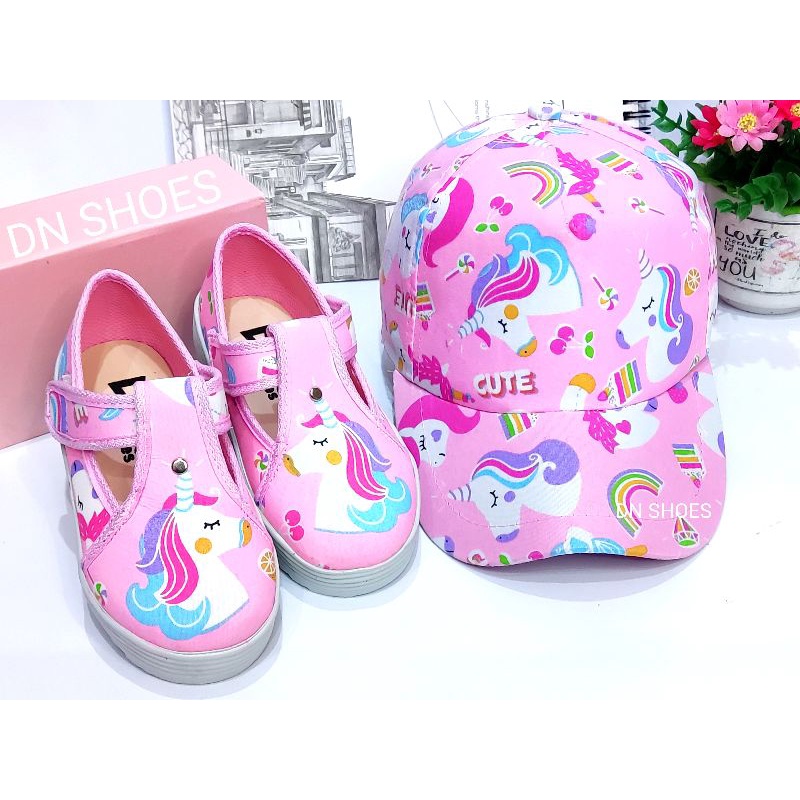 Paket Sepatu Flat Shoes Anak Topi Anak Perempuan Paket Sepatu Pesta dan Topi Pet Anak Murah Lucu Karakter Unicorn Pink Cute