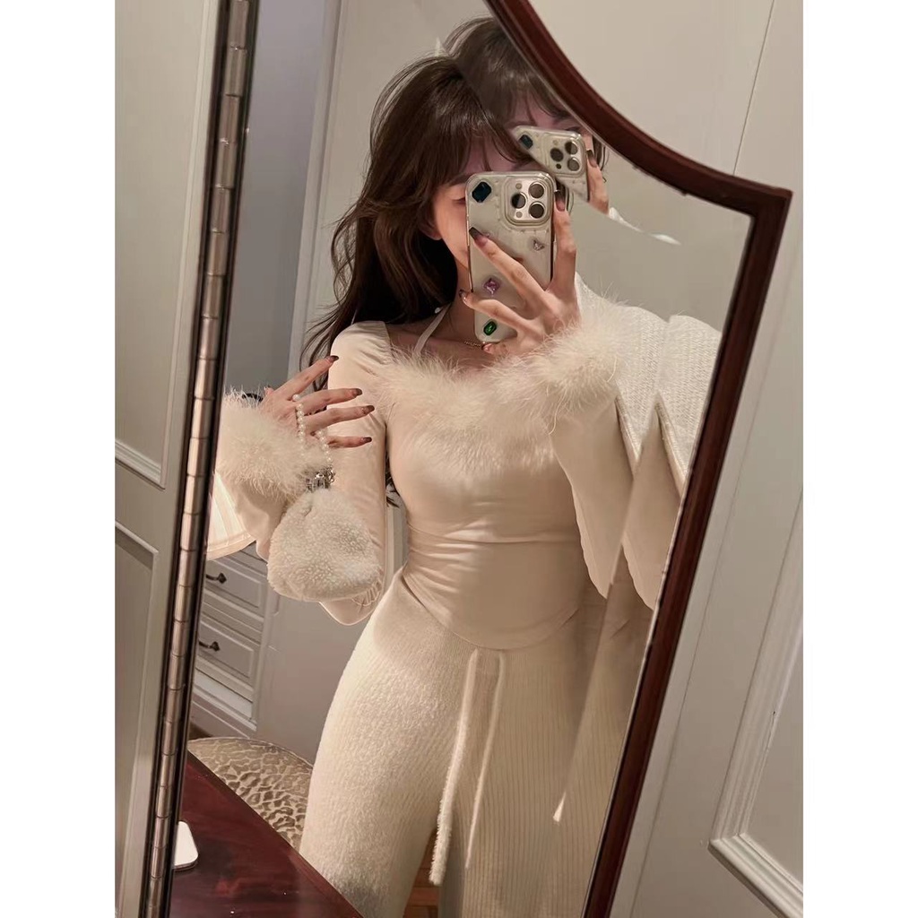 ┅♨Suhao Versi Korea Musim Gugur dan Musim Dingin 2022 Baru Bulu Kerah Pendek Bagian Slim Lengan Panjang Kerah Persegi T-shirt Wanita top In Pasang