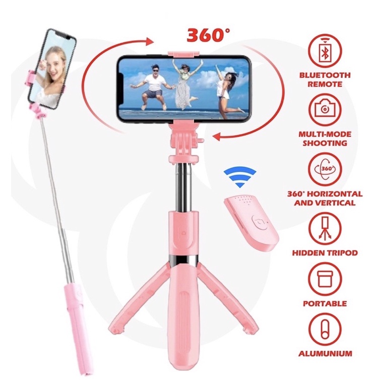 Tripod Tongsis R1 / Tongsis Tripod Hp Handphone Bluetooth 3 in 1 + Remote Control / Tongsis Tripod Kamera Handphone Vertikal horizontal / Tongsis Multifungsi / Tongsis Tripod Bluetooth