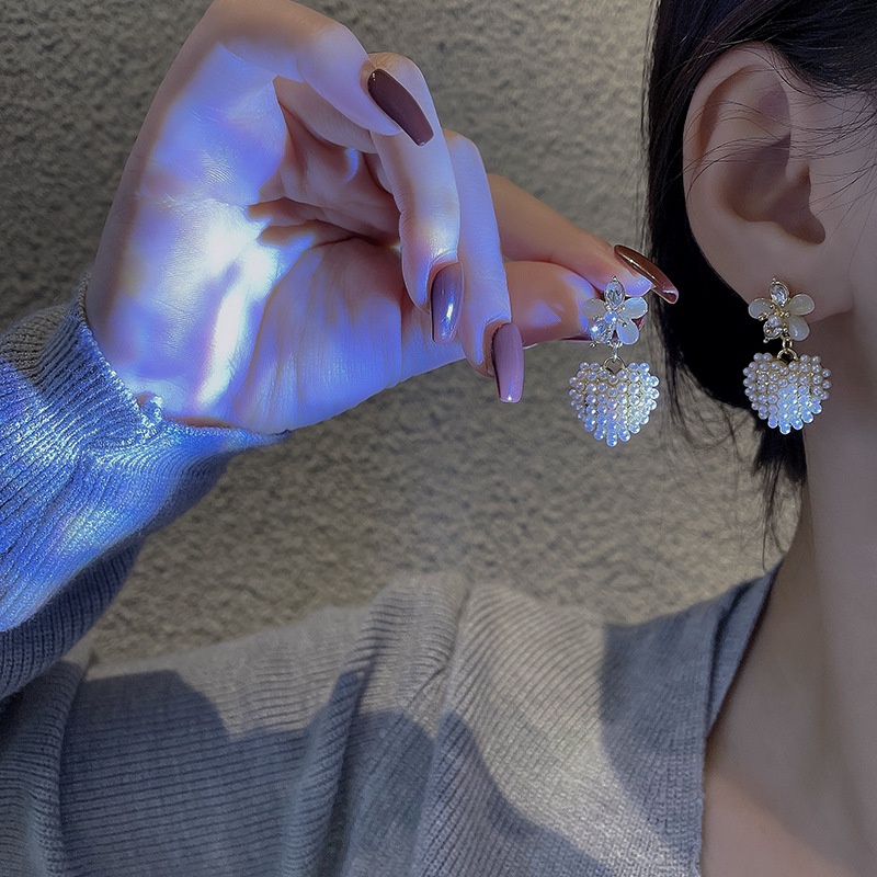 925 Perak Jarum Mutiara Anting Hati Fashion Perempuan Mata Kucing Anting Bunga