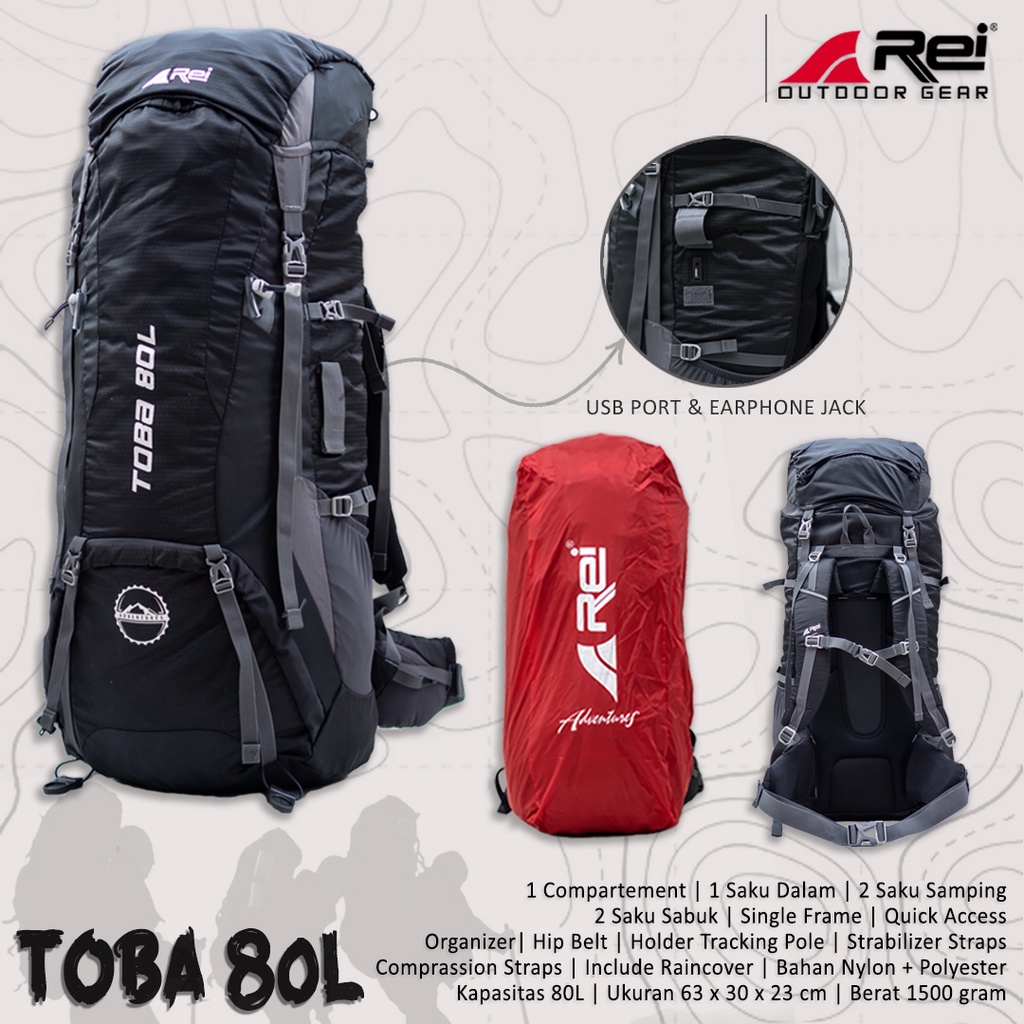 Tas Ransel Hiking AREI OUTDOOR TOBA 80 LITER USB PORT TOBA 60 LITER Carrier Gunung Rei Outdoor Gear