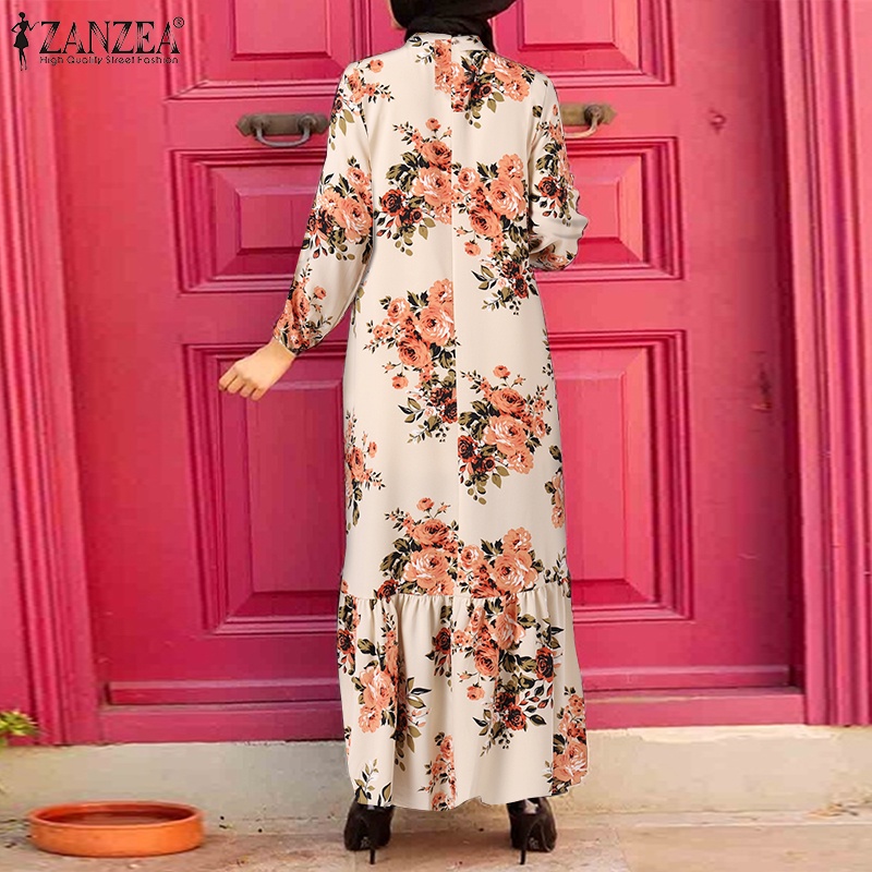 ZANZEA Women Vintage Print Casual Loose O Neck Elastic Cuff Muslim Long Dress