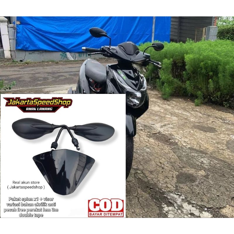 Paket variasi kaca spion x1 plus visor yamaha mio soul karbu universal bahan tebal anti pecah free lem 3m double tape