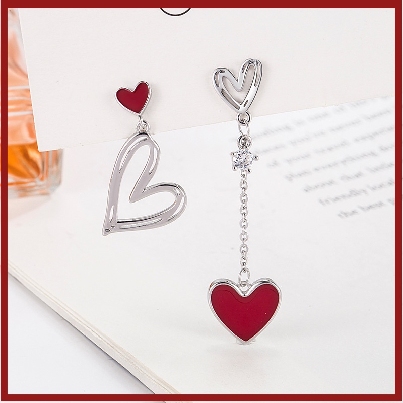 Anting Tusuk Wanita Epoxy Asymmetric Red Peach Heart U1447