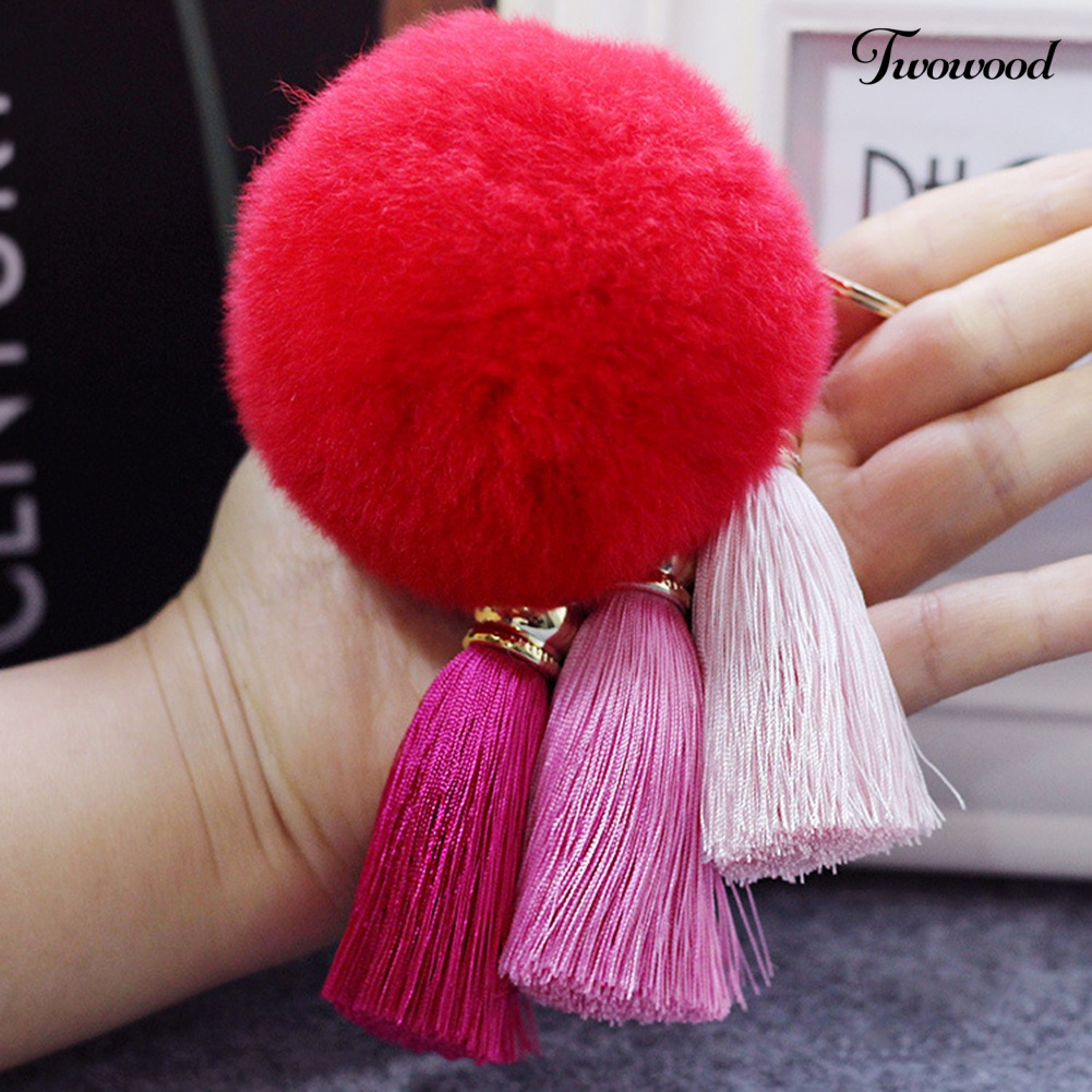 Twowood Soft Pom Pom Faux Fur Keychain Fluffy Ball Bag Gantungan Kunci Mobil Rumbai Liontin Dekorasi