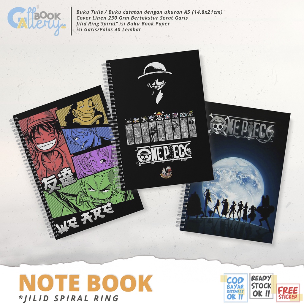 

[SP] Buku Tulis / Buku Catatan / Note book Anime One Piece, Mugiwara Crew (The Straw Hat Pirates) Monkey D. Luffy Jilid Ring Spiral Dengan isi Book Paper Garis/Polos 50 Lembar Free Poster dan Stiker Ukuran A5