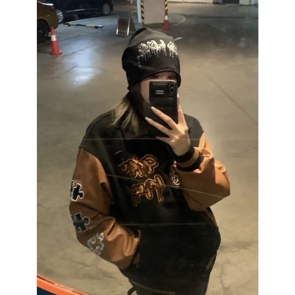 American Retro Bisbol Jaket untuk Wanita Jahitan Jaket Pasangan Longgar Kerah Pakaian Luar