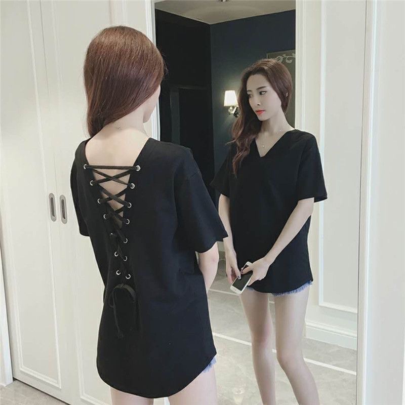 T13 Atasan t shirt perempuan v neck lengan pendek / baju Kaos back less
