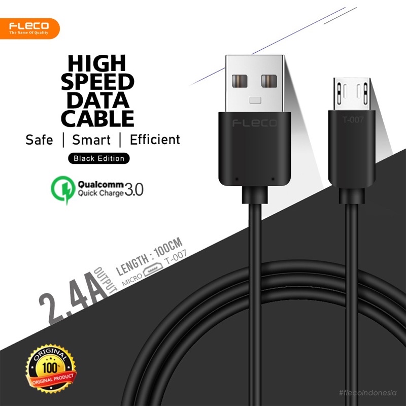 KABEL DATA FLECO MICRO T007 ORIGINAL BLACK 2.4A FAST CHARGING ALL ANDROID SMARTPHONE