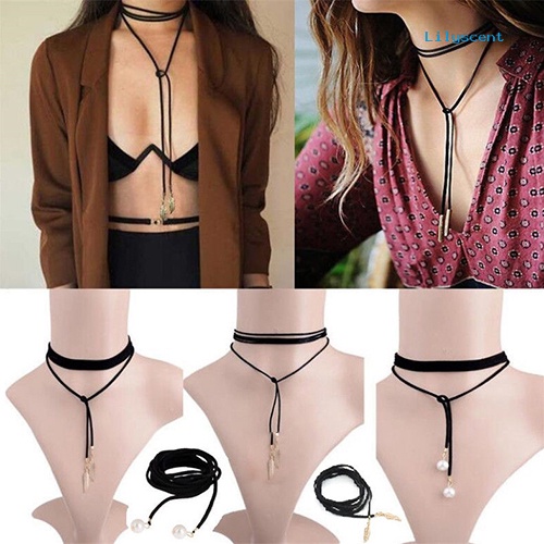 [LS] Wanita Gothic Retro Velvet Cord Choker Liontin Boho Rantai Panjang DIY Kalung