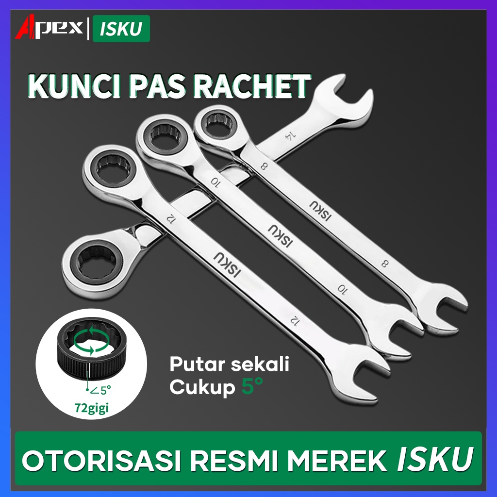 ISKU Kunci torsi Ring Pas Rachet 8 10 12 13 14 17 18 19mm Bahan Kuat Anti Karat Kunci Rachet Multifungsi Bolak Balik 10Mm/kunci shock set/Kunci Flexible Kombinasi