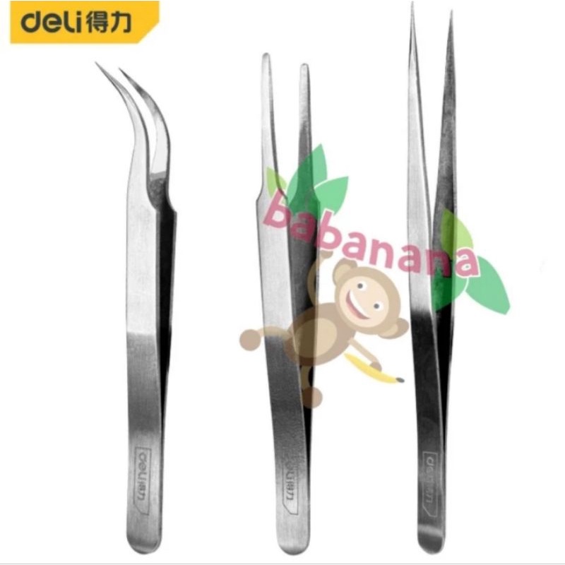 Deli DL396003 silver tweezer set pinset isi 3 stainless steel pencapit