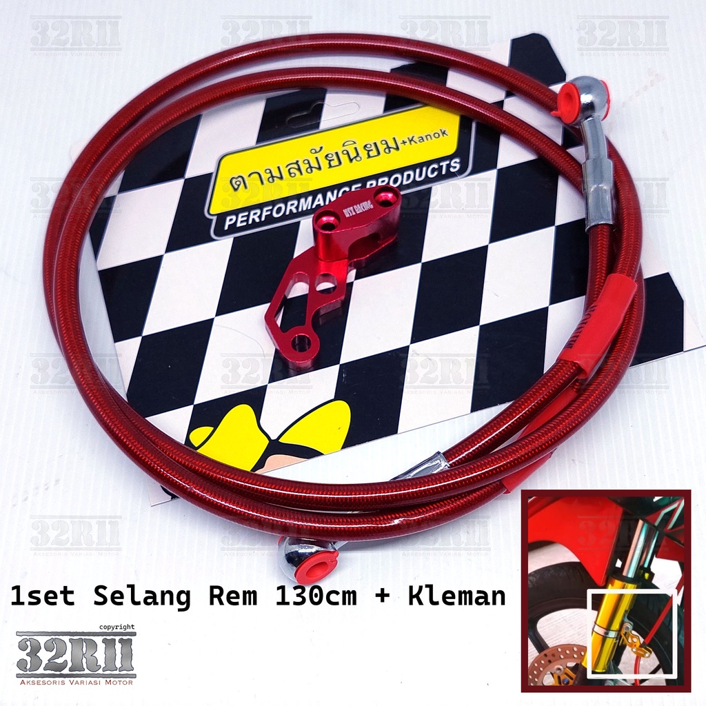 Selang rem depan 130cm warna carbon merah biru kuning plus kleman jepitan selang rem