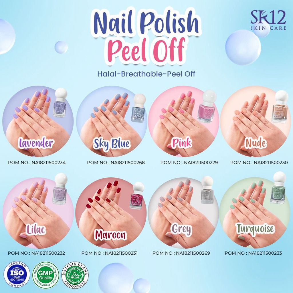 KUTEK HALAL MUSLIMAH SR12 Nail Polish Peel Off Maroon Pink Nude Turquoise Lavender Lilac Sky Blue Grey Halal Waterbased Cepat Kering Tidak Lengket BPOM