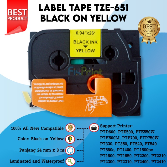 Label Tape Casette Black on Yellow 24mm RL-BR TZ-651 Laminated Printer Brothr PT330 350 520 PTP700