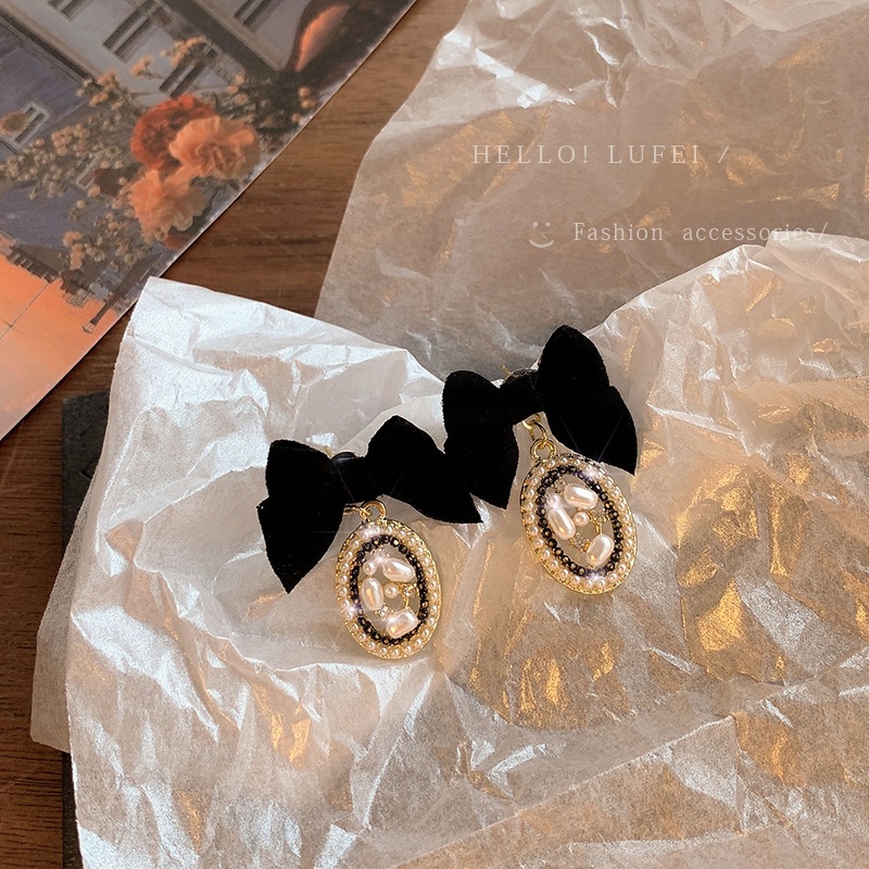 Anting Bow Drop Mewah Anting Tusuk Beige Hitam Mutiara Kristal Earring Untuk Aksesoris Perhiasan Wanita