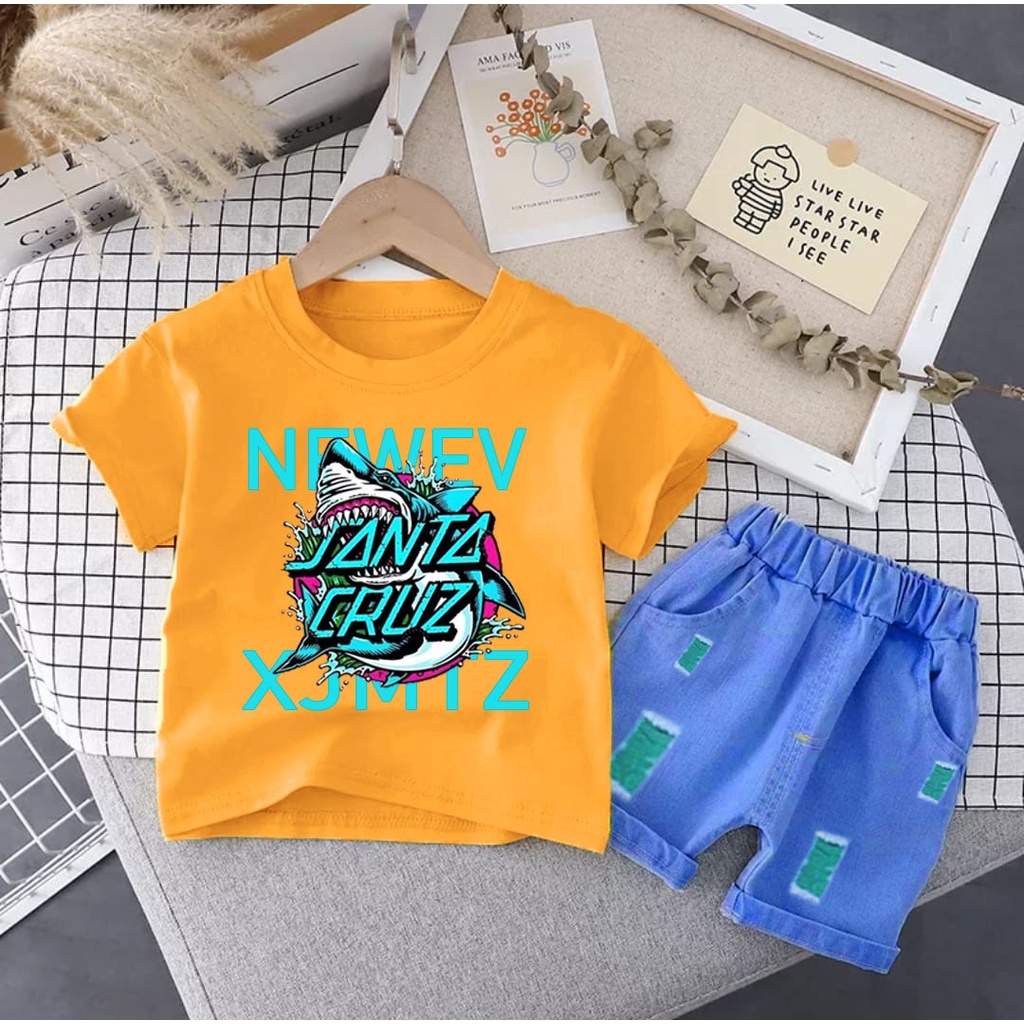 SETELAN ANAK BAJU KAOS CELANA PENDEK BAHAN DENIM UMUR 1-5 TAHUN