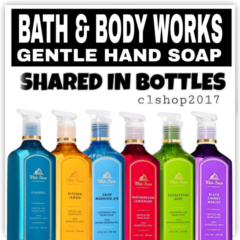 BBW HAND SOAP SHARE IN BOTTLE 30 ML HAND WASH PART 1/2 japanese cherry blossom rose water ivy raspberry tangerine dark kiss beautiful day black cherry merlot afternoon apple picking flannel turqoise water watermelon lemonade kitchen lemon french lavender